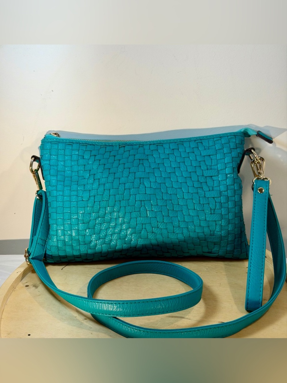 Woven Teal Leather Crossbody Bag - Stylish Women's Crossbody/Clutch Bag